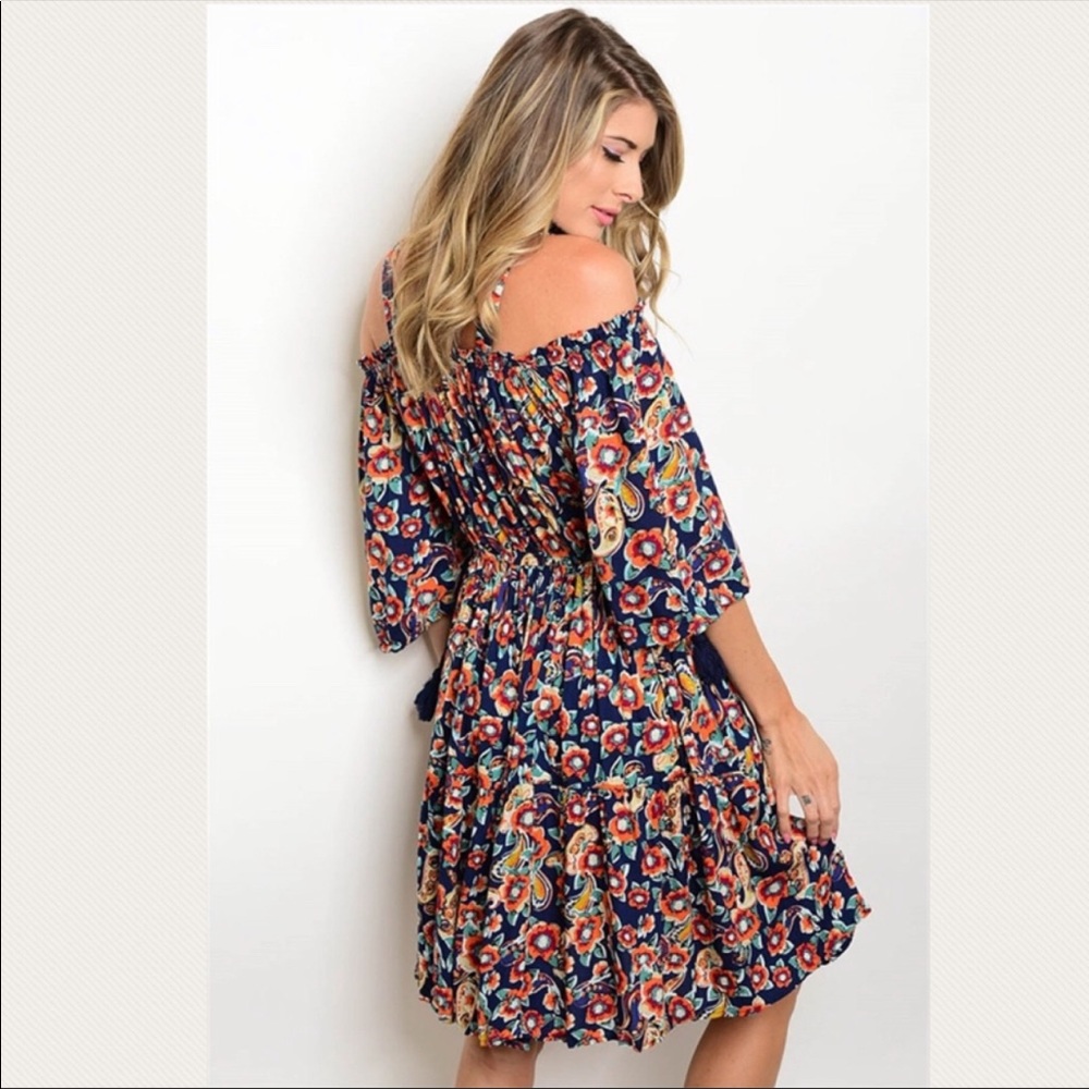 Navy Floral Off Shoulder Dress